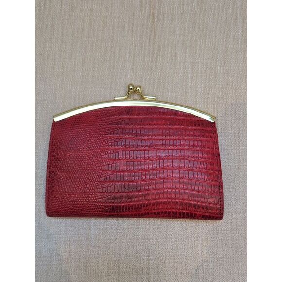 Vera Pelle Handbags - Vera Pelle Red Reptile Textured Leather Kiss Lock Clutch Wallet